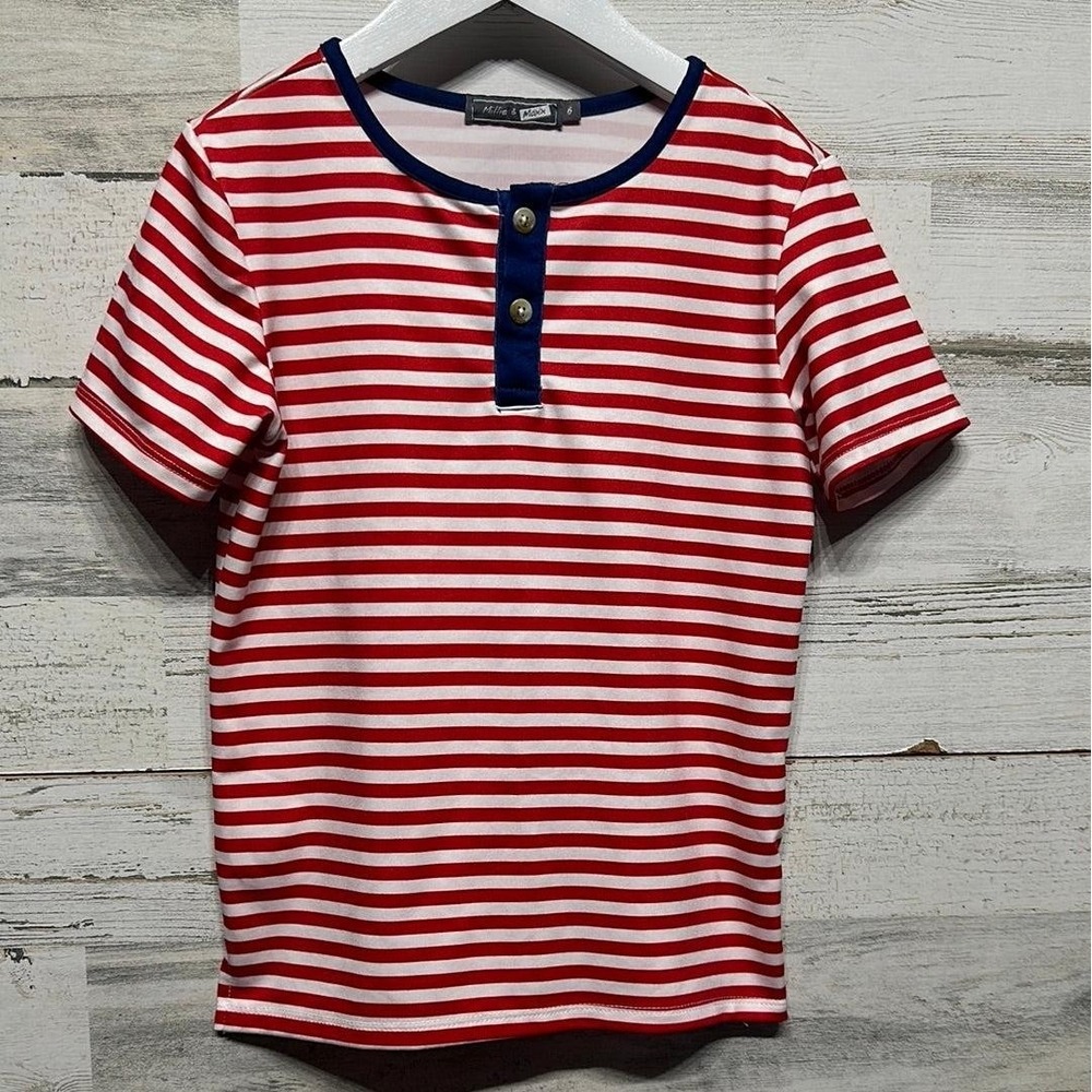 Millie and Maxx Henley Shirt Boys 6 Red Striped Nautical Preppy EUC